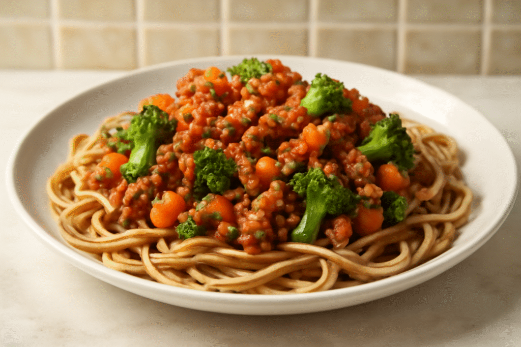 Macarrão Integral à Bolonhesa com Vegetais - Receitas.io