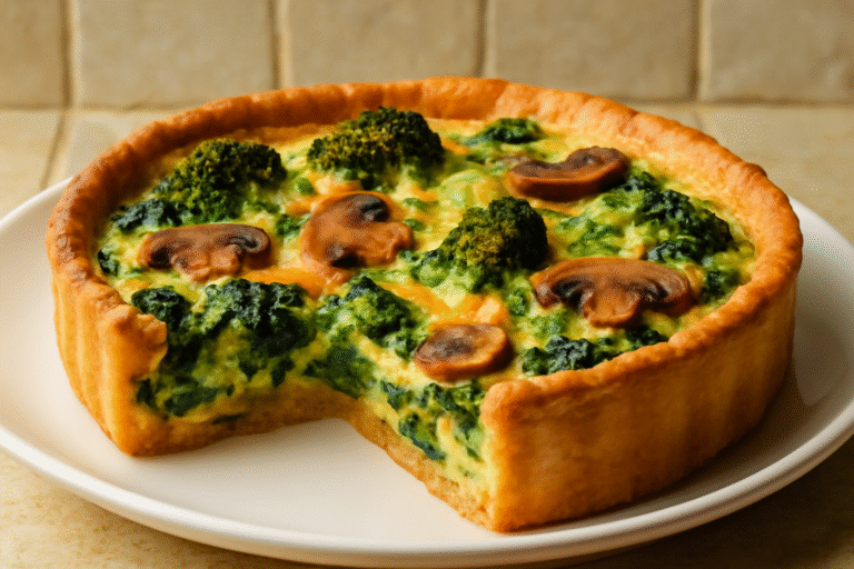 Quiche de Espinafre, Brócolis e Cogumelos com 15g de Proteína por Fatia