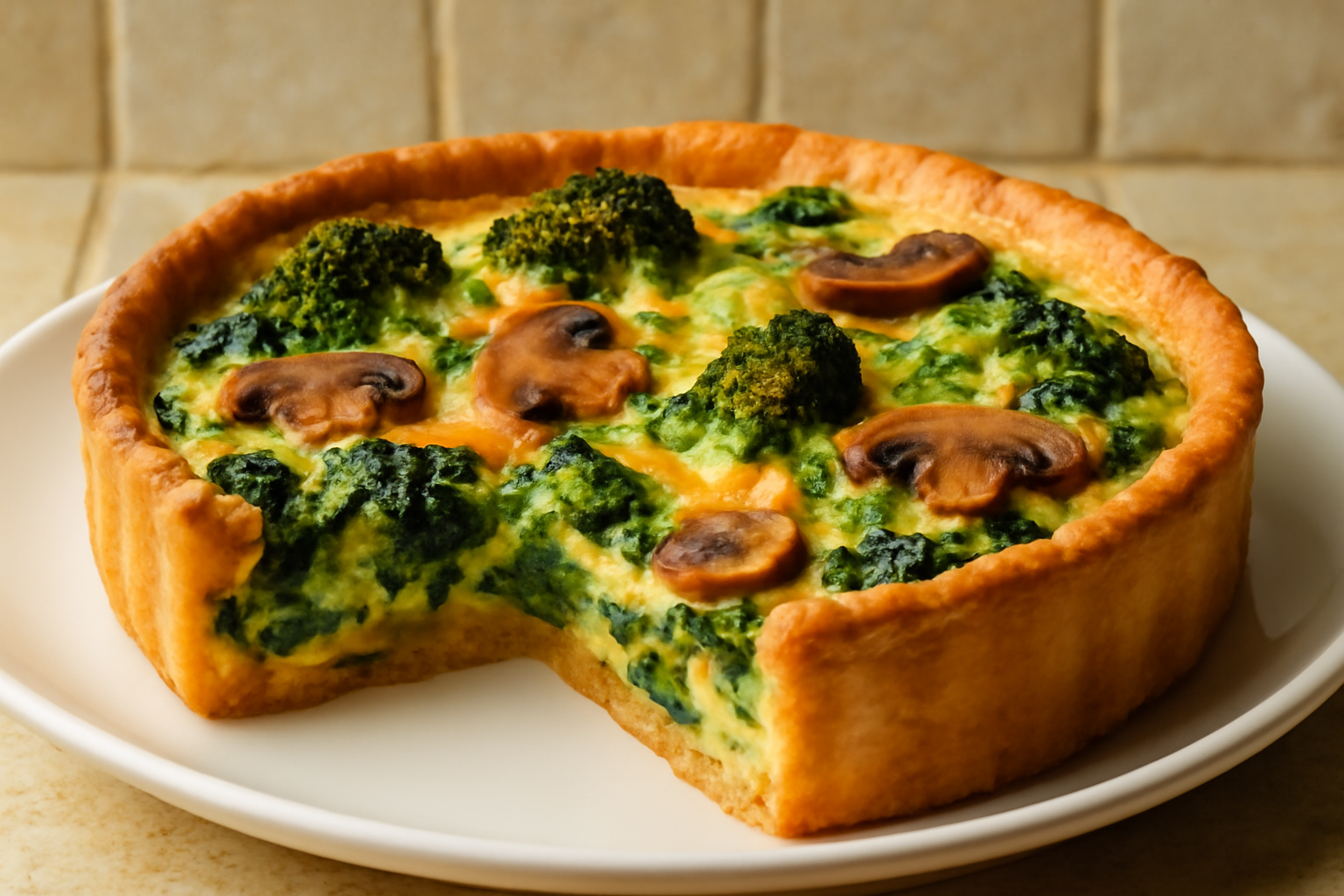 Quiche de Espinafre, Brócolis e Cogumelos com 15g de Proteína por Fatia