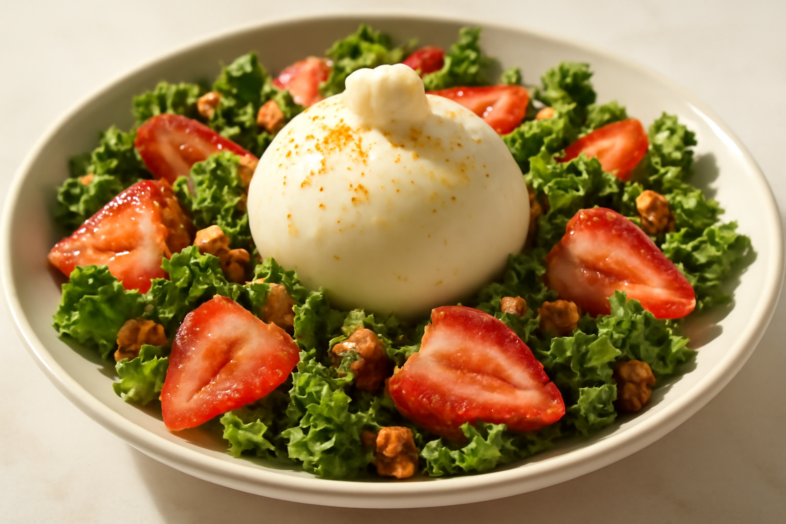 Salada Anti-Inflamatória de Morango e Couve com Burrata